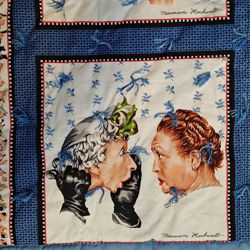 Norman Rockwell Tied Quilt wall hanging 51x43 Blue The Gossip Americana Folk Art